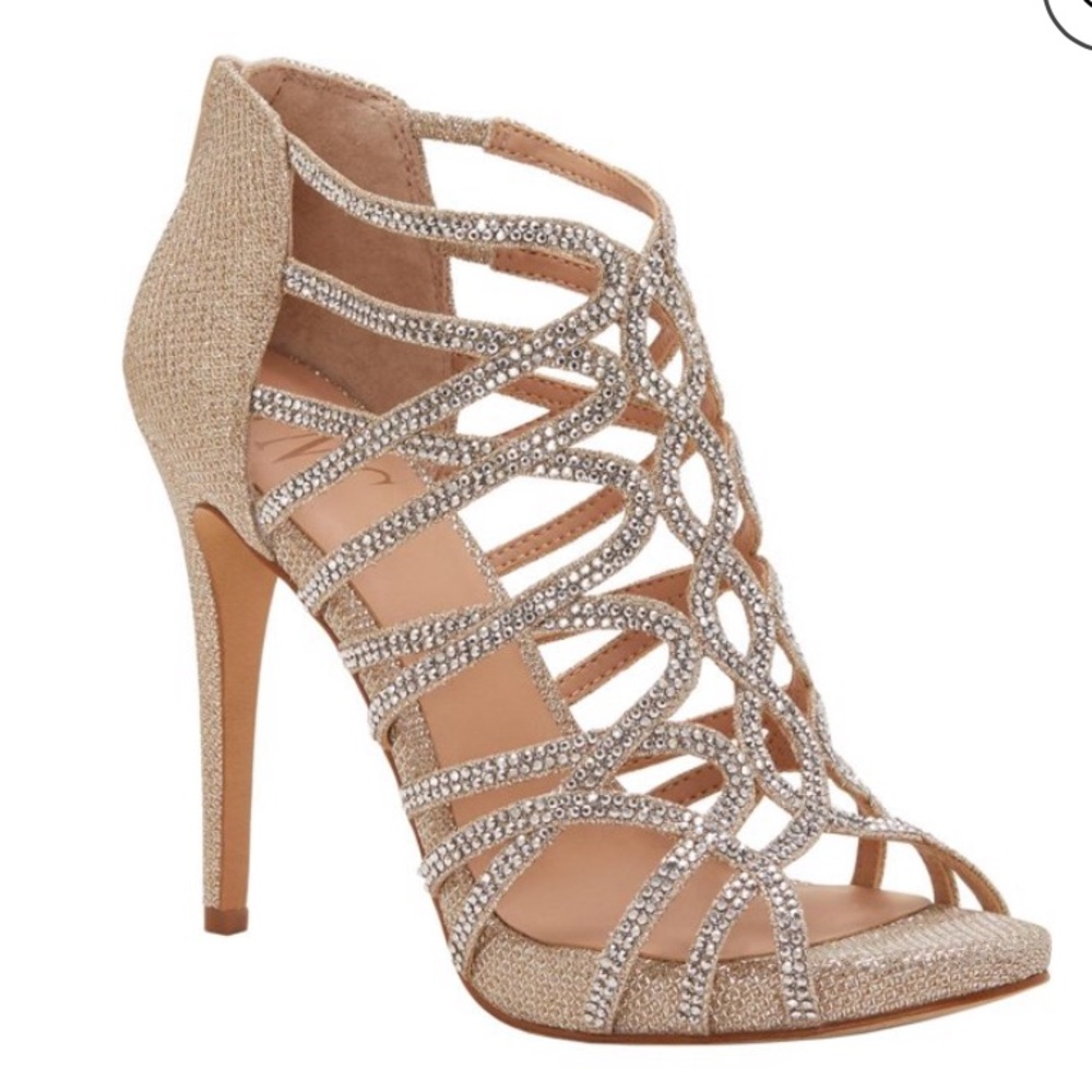 INC Women’s Sharee 2 Glitter Caged Evening Sandal Color-Champagne Worn once